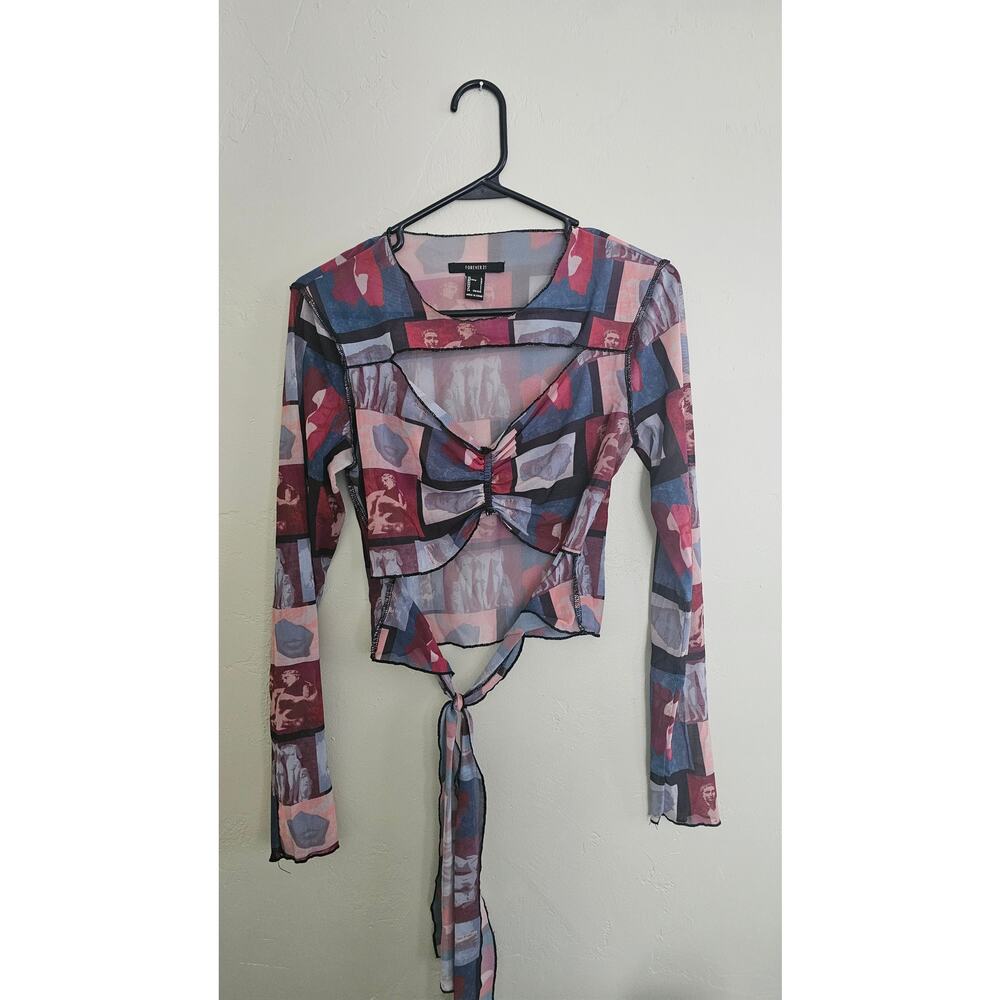 Forever 21 Retro Patchwork Sheer Keyhole Crop Top - Women's Size Large